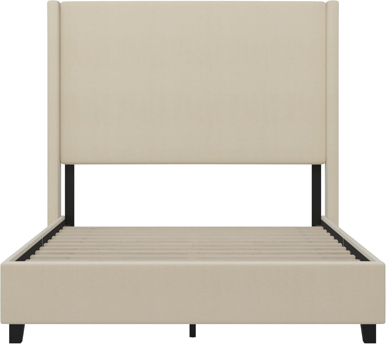 imageFlash Furniture Quinn Upholstered Platform Bed Beige Channel Stitched Wingback Headboard King Mattress Foundation with Slatted Supports No Box Spring NeededBeige