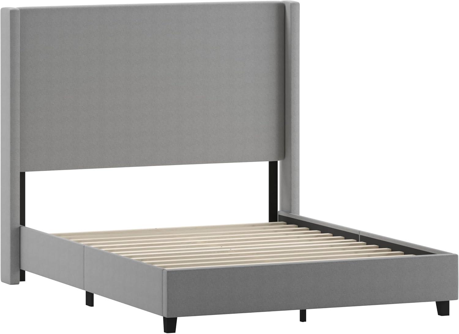 imageFlash Furniture Quinn Upholstered Platform Bed Beige Channel Stitched Wingback Headboard King Mattress Foundation with Slatted Supports No Box Spring NeededGrey