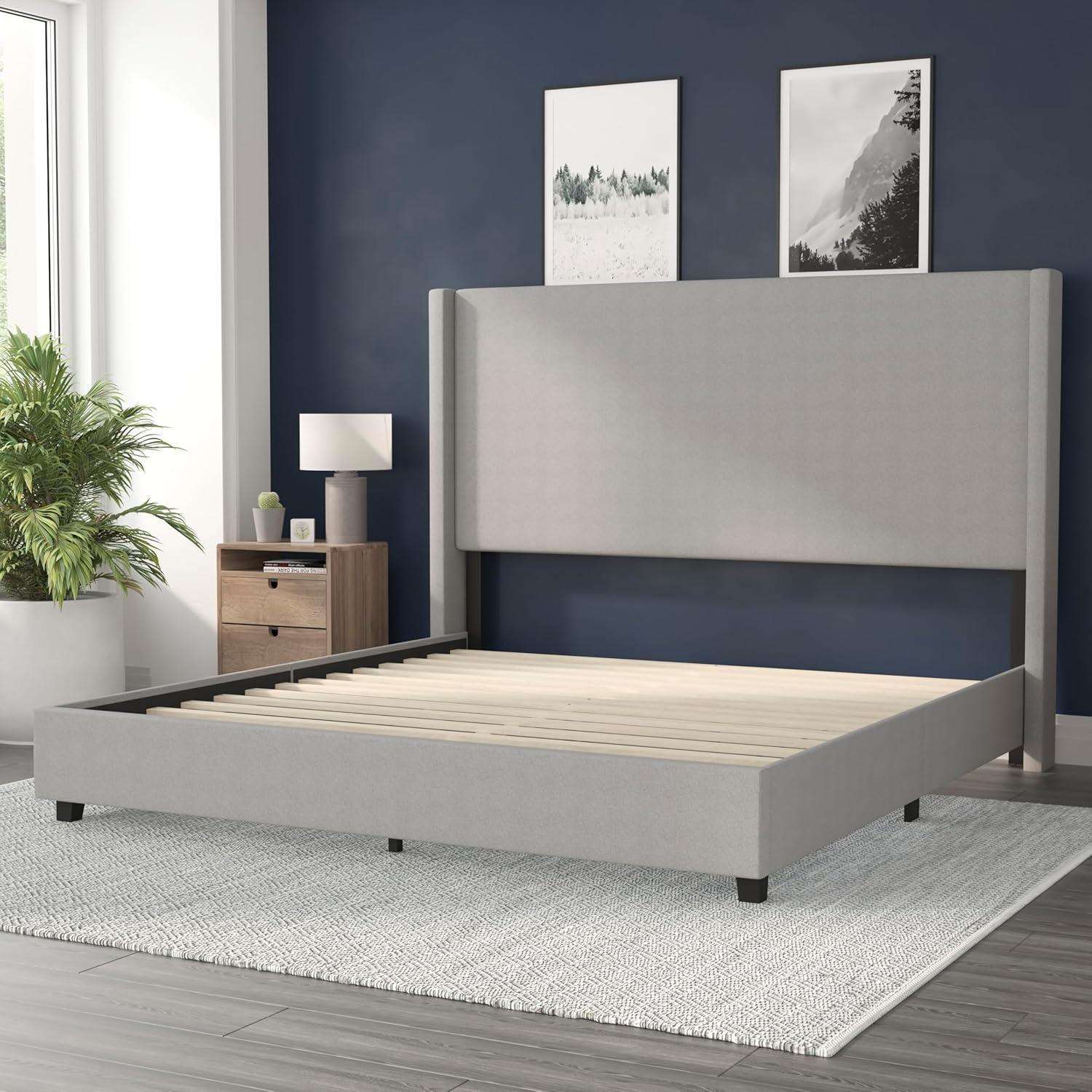 imageFlash Furniture Quinn Upholstered Platform Bed Beige Channel Stitched Wingback Headboard King Mattress Foundation with Slatted Supports No Box Spring NeededGrey