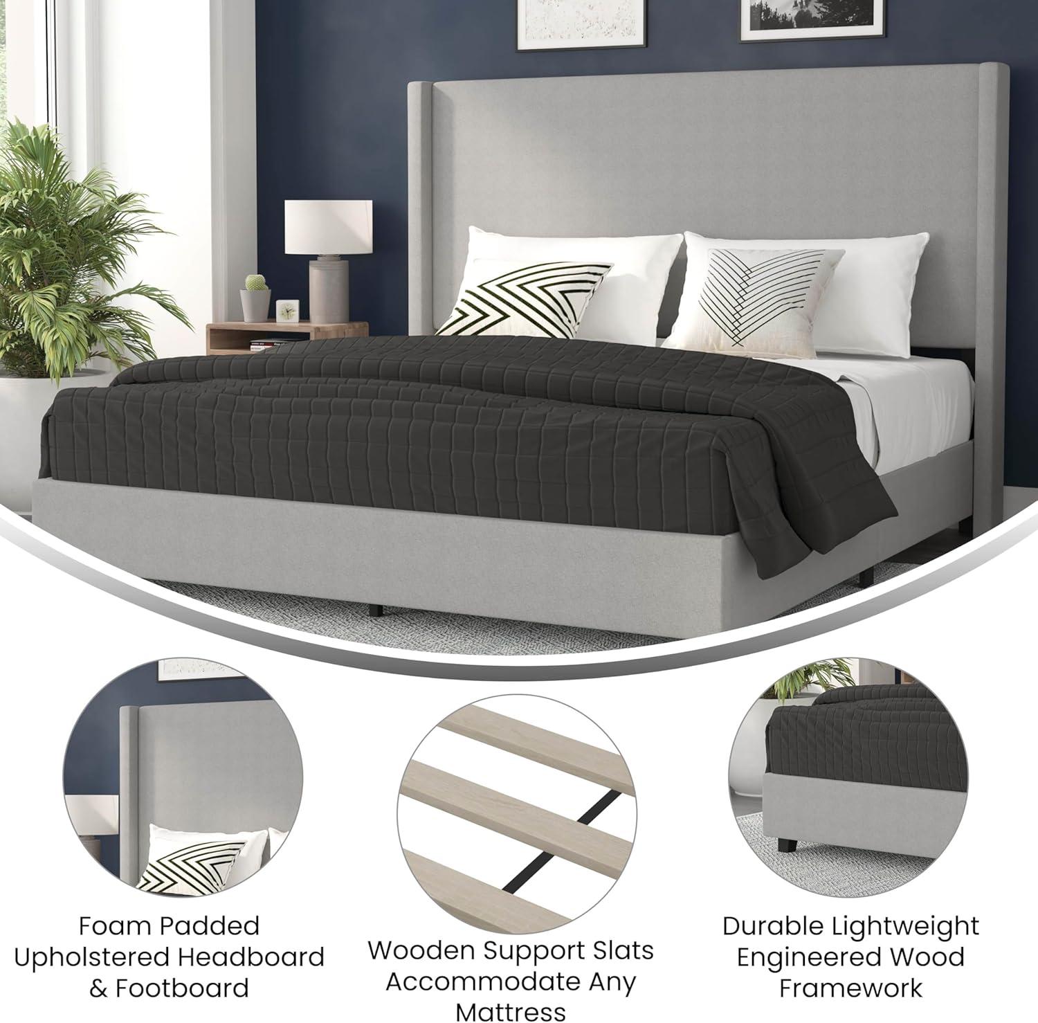 imageFlash Furniture Quinn Upholstered Platform Bed Beige Channel Stitched Wingback Headboard King Mattress Foundation with Slatted Supports No Box Spring NeededGrey