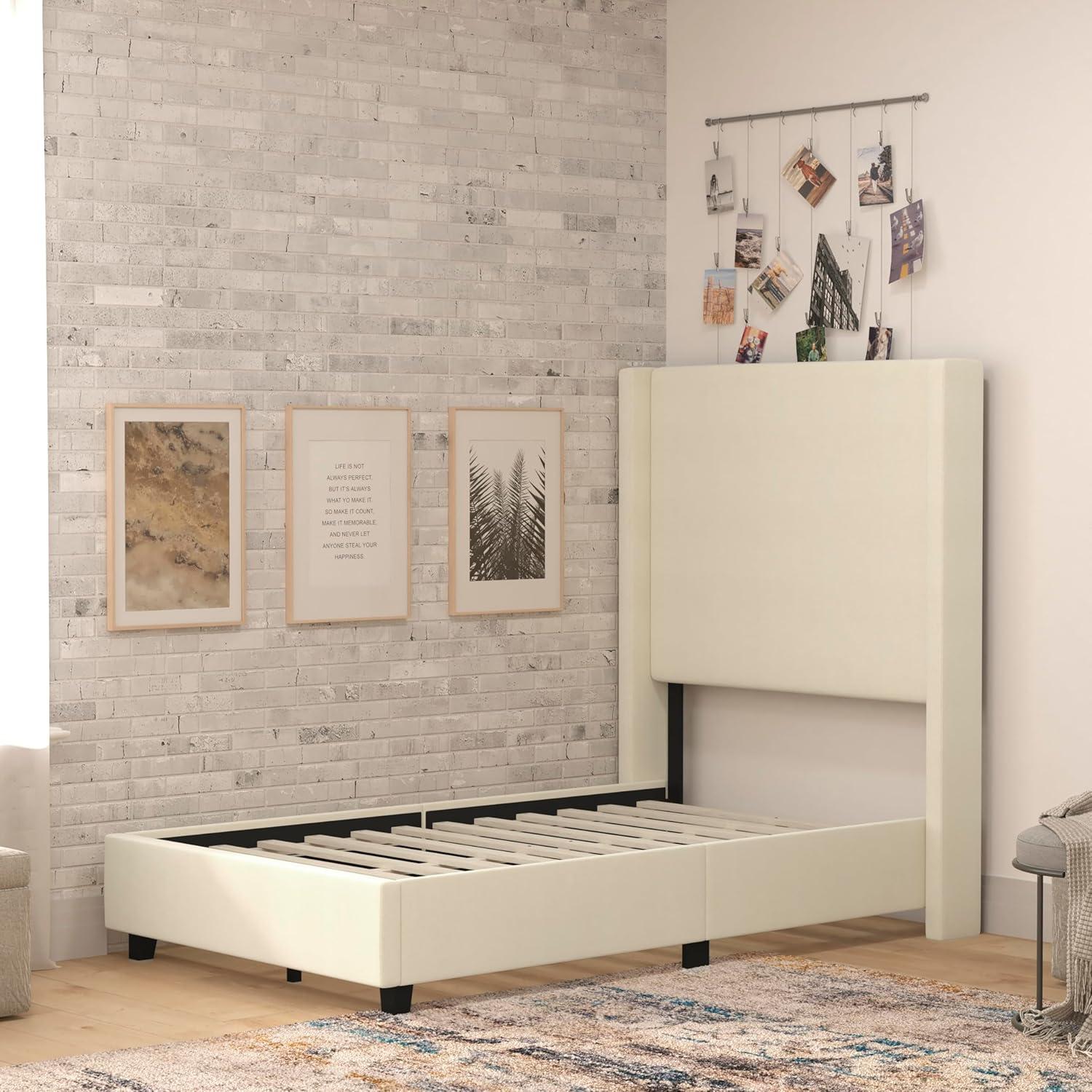 imageFlash Furniture Quinn Upholstered Platform Bed Beige Channel Stitched Wingback Headboard King Mattress Foundation with Slatted Supports No Box Spring NeededBeige