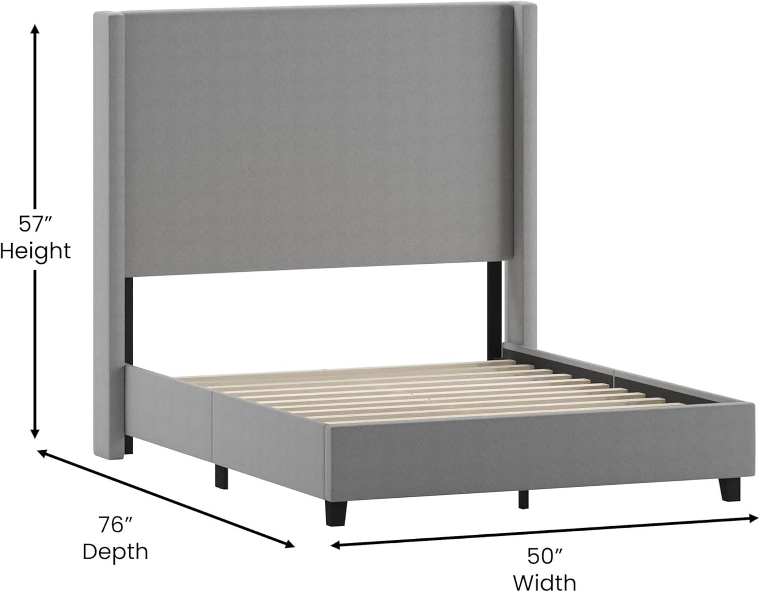 imageFlash Furniture Quinn Upholstered Platform Bed Beige Channel Stitched Wingback Headboard King Mattress Foundation with Slatted Supports No Box Spring NeededGrey