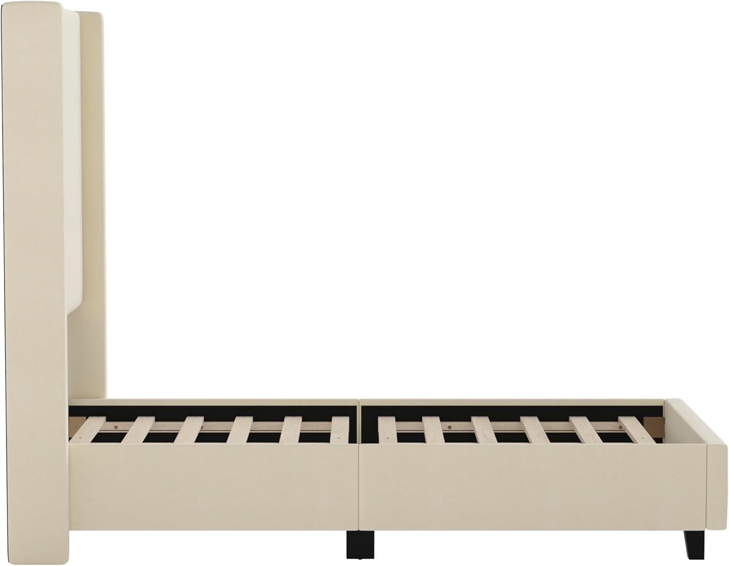 imageFlash Furniture Quinn Upholstered Platform Bed Beige Channel Stitched Wingback Headboard King Mattress Foundation with Slatted Supports No Box Spring NeededBeige