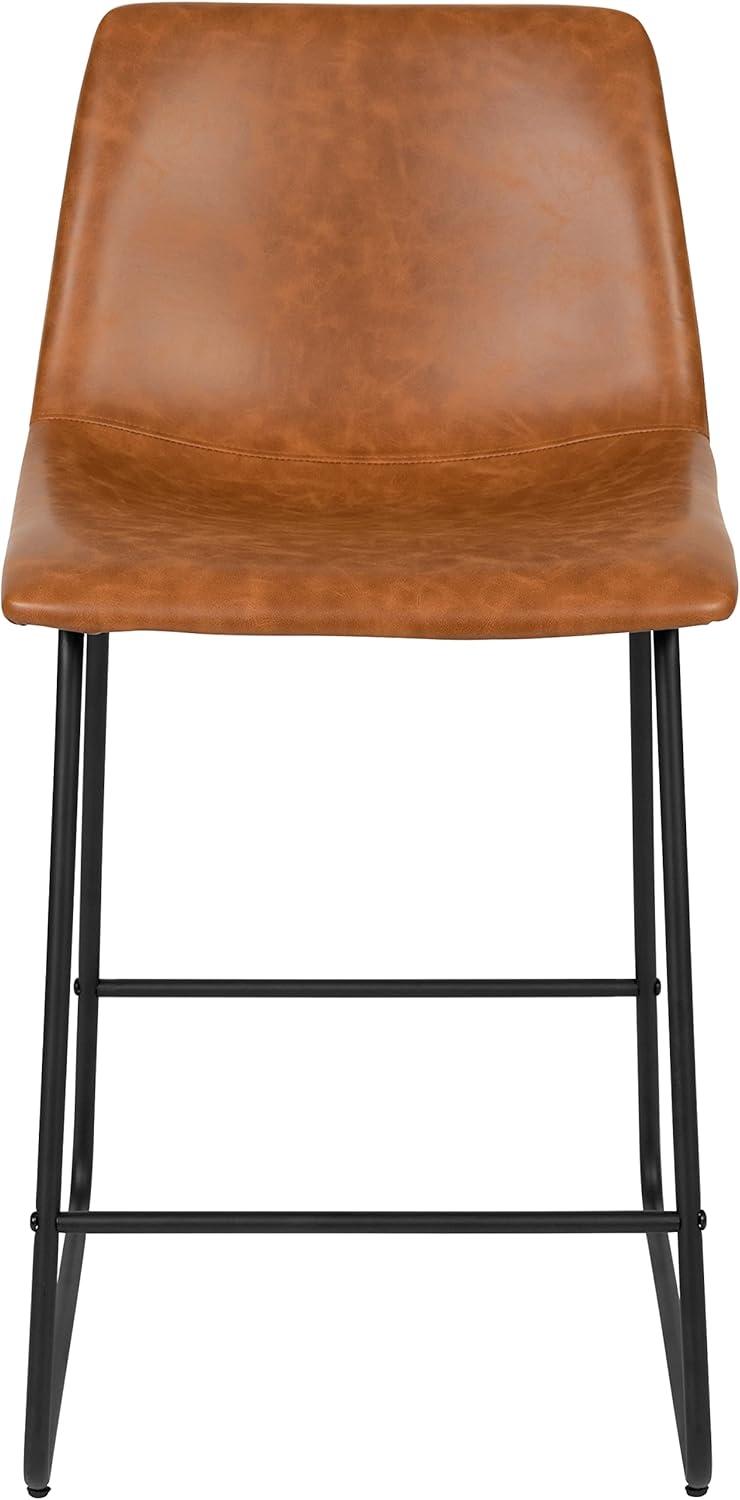 imageFlash Furniture Reagan 24quot LeatherSoft Counter Height Stools with Footrest MidCentury Modern Bucket Style Dining Chairs Set of 2 Light Brown