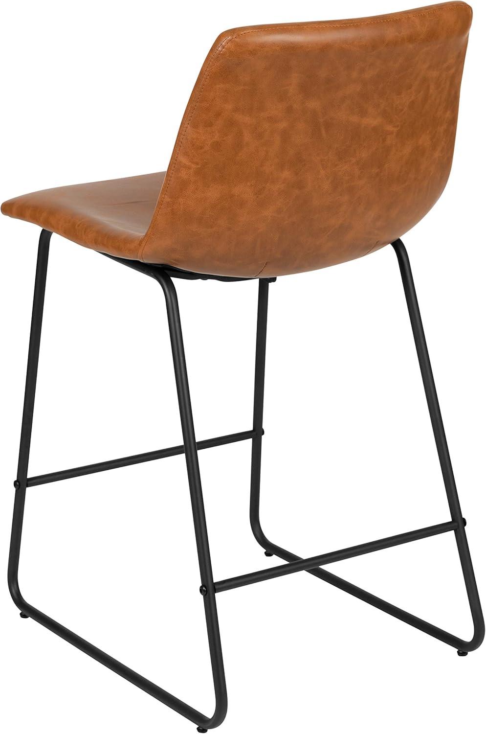 imageFlash Furniture Reagan 24quot LeatherSoft Counter Height Stools with Footrest MidCentury Modern Bucket Style Dining Chairs Set of 2 Light Brown