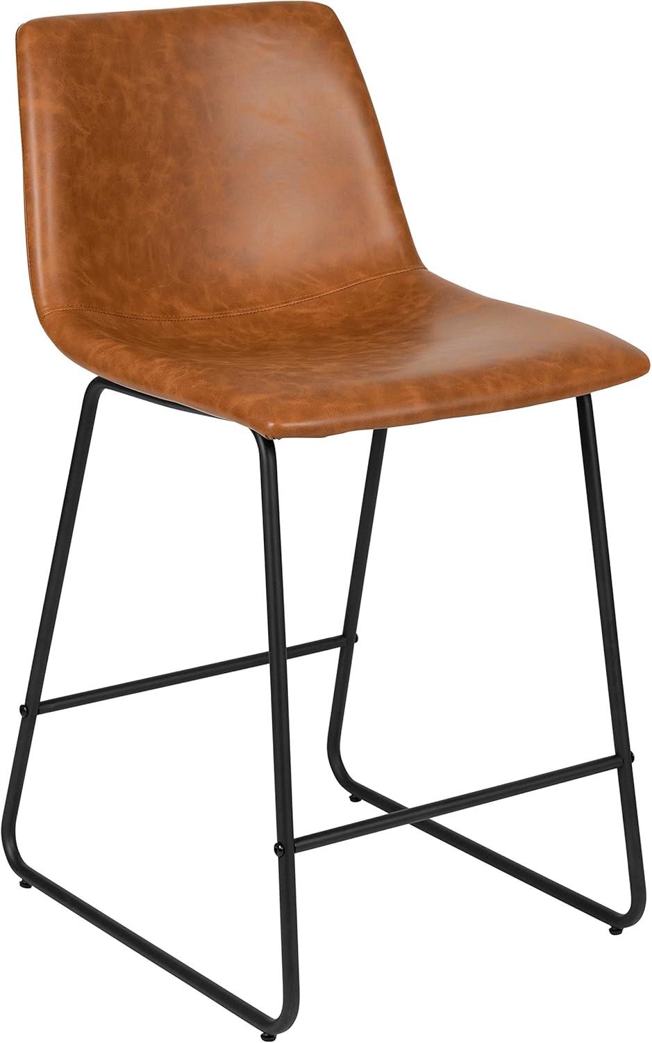imageFlash Furniture Reagan 24quot LeatherSoft Counter Height Stools with Footrest MidCentury Modern Bucket Style Dining Chairs Set of 2 Light Brown