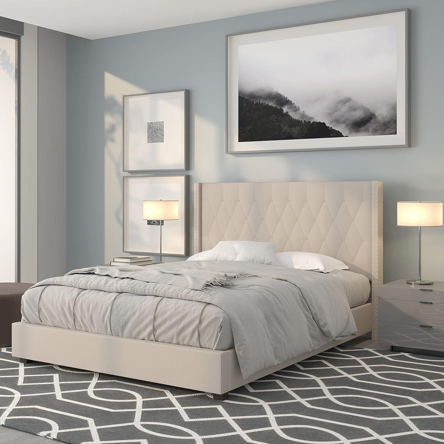 imageFlash Furniture Riverdale Full Size Tufted Upholstered Platform Bed in Light Gray FabricBeige