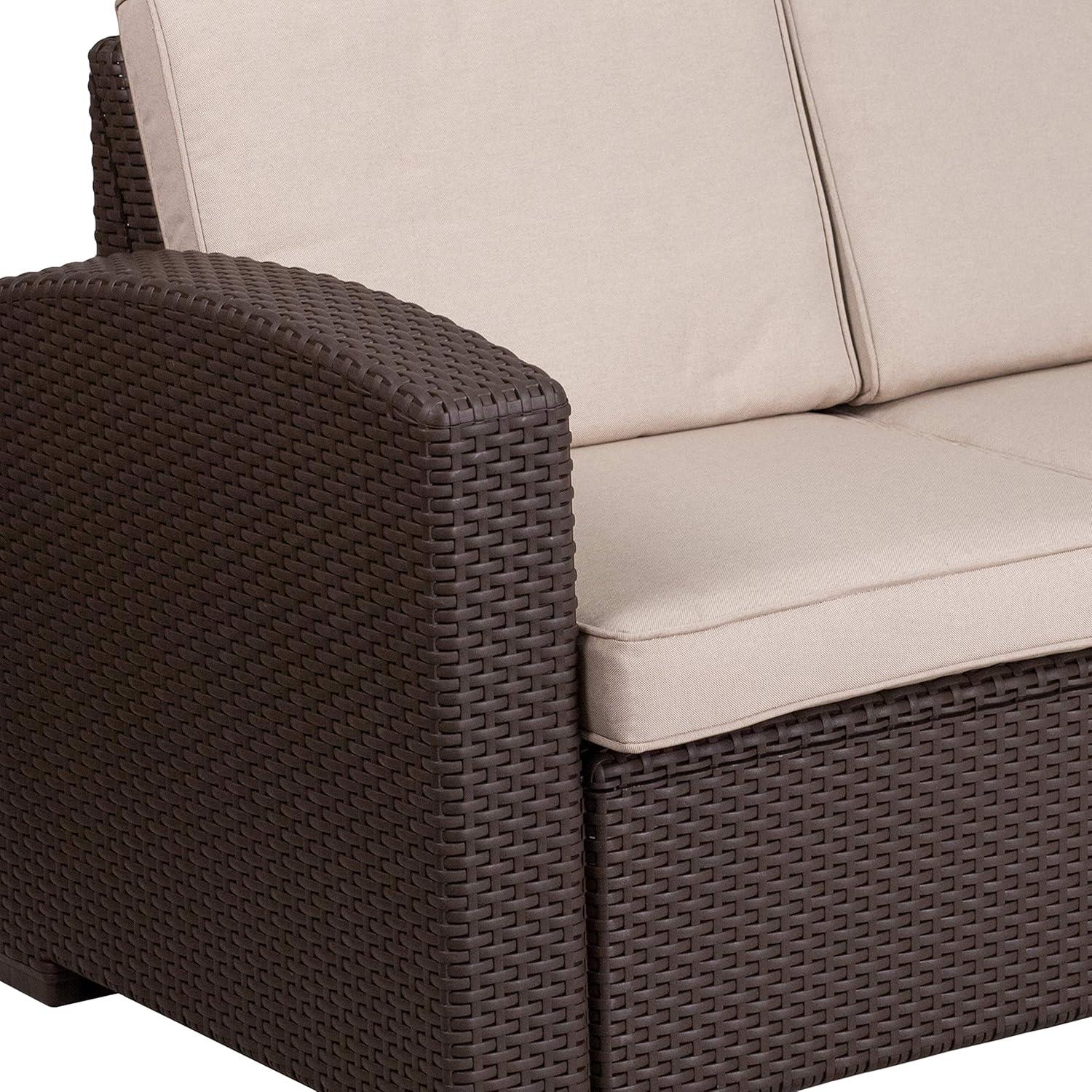imageFlash Furniture Seneca Chocolate Brown Faux Rattan Loveseat with AllWeather Beige CushionsChocolate Brown