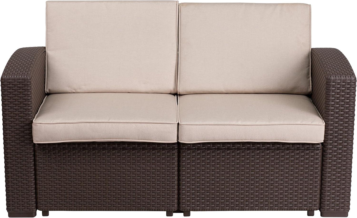 imageFlash Furniture Seneca Chocolate Brown Faux Rattan Loveseat with AllWeather Beige CushionsChocolate Brown