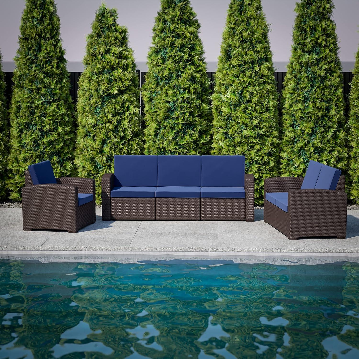 imageFlash Furniture Seneca Chocolate Brown Faux Rattan Loveseat with AllWeather Beige CushionsNavy CushionsChocolate Brown Frame