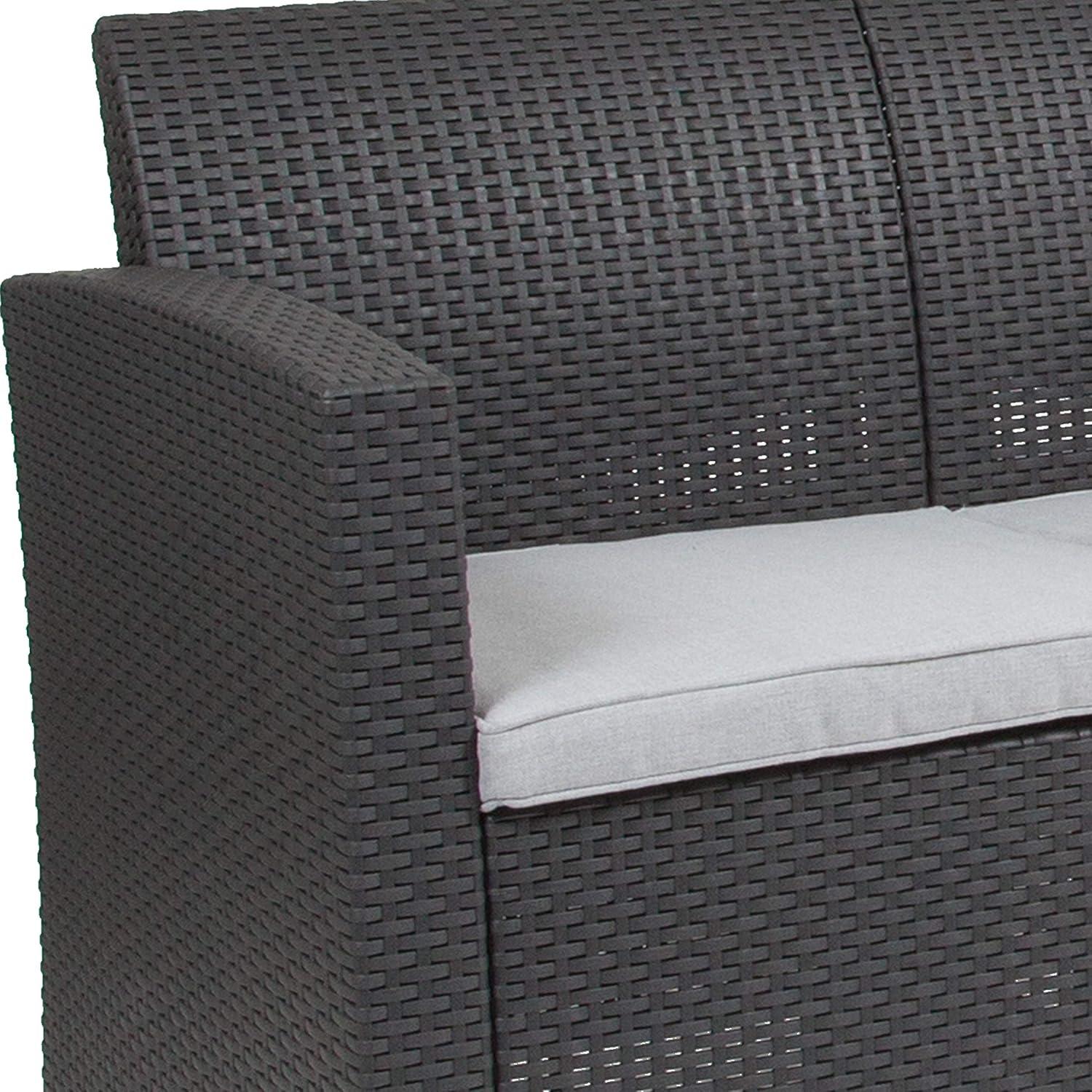imageFlash Furniture Seneca Light Gray Faux Rattan Loveseat with AllWeather Light Grey CushionsDark Gray
