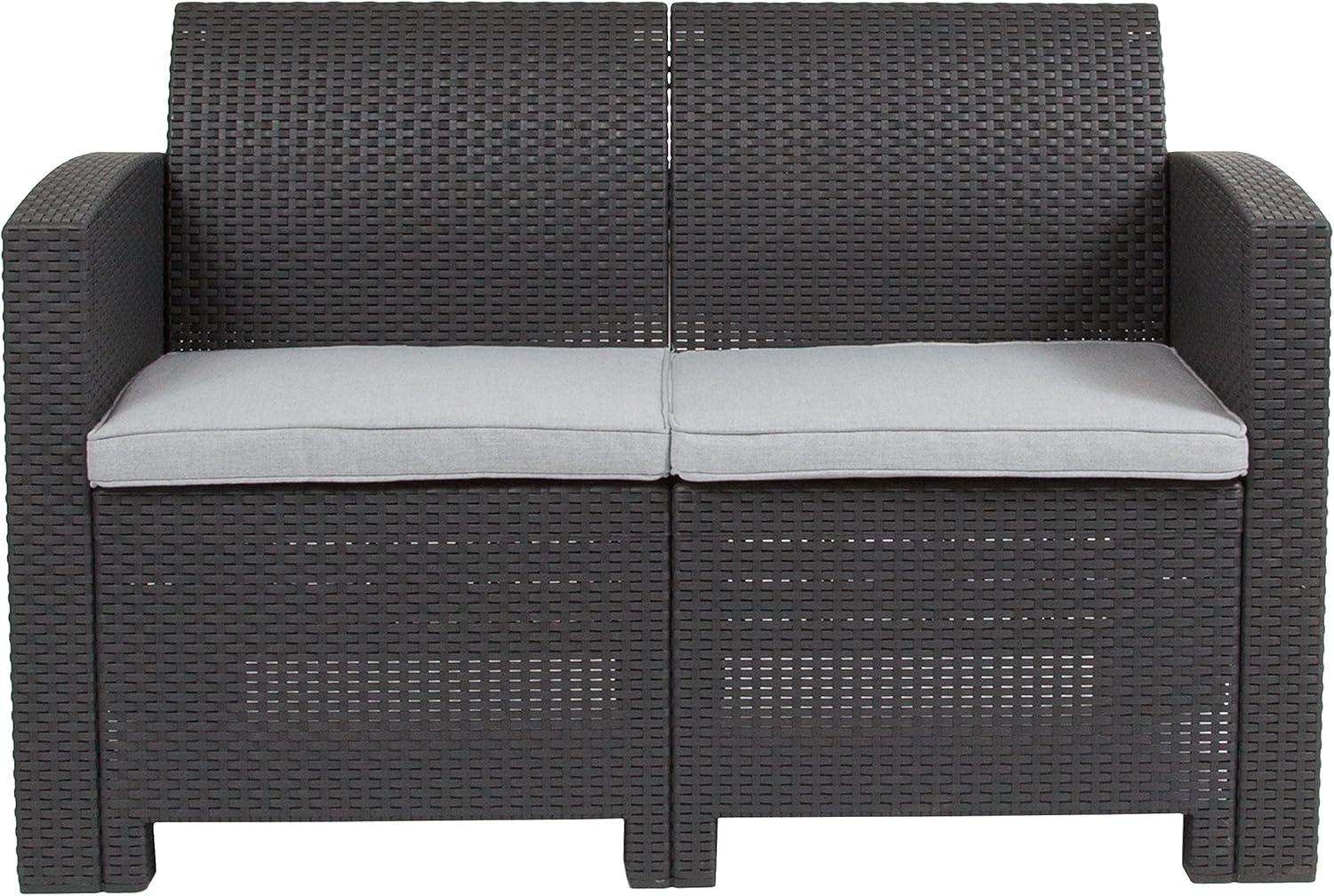 imageFlash Furniture Seneca Light Gray Faux Rattan Loveseat with AllWeather Light Grey CushionsDark Gray