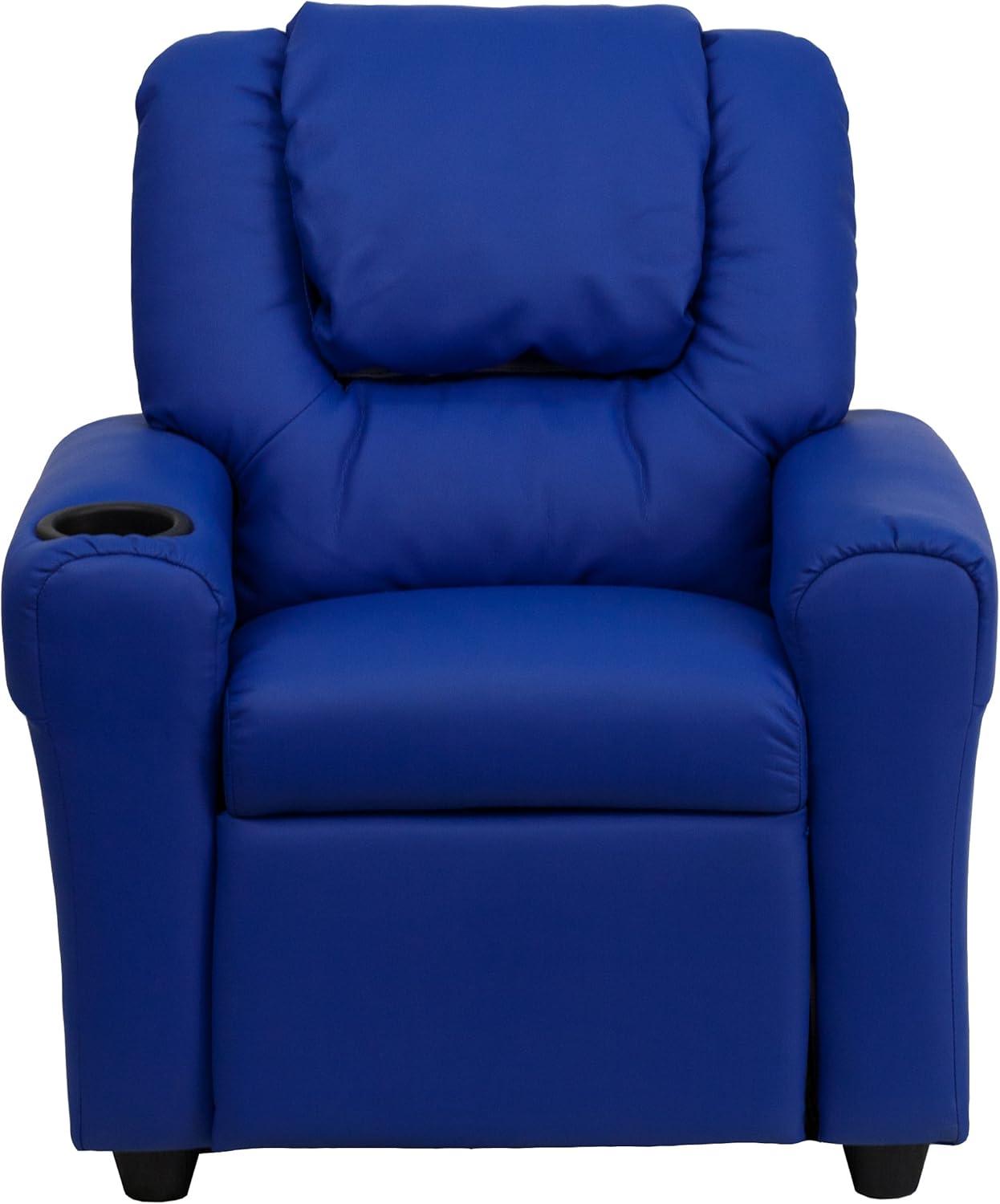 imageFlash Furniture Vana Vinyl Kids Recliner with Cup Holder Headrest and Safety Recline Contemporary Reclining Chair for Kids Supports up to 90 lbs BeigeBlue Vinyl