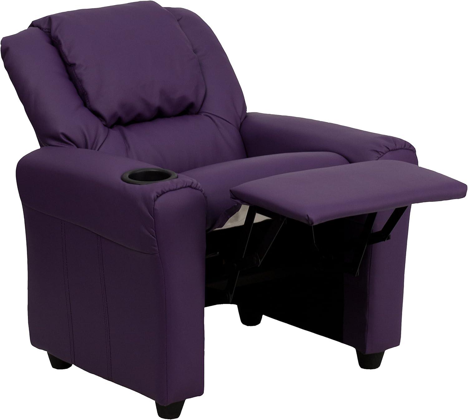 imageFlash Furniture Vana Vinyl Kids Recliner with Cup Holder Headrest and Safety Recline Contemporary Reclining Chair for Kids Supports up to 90 lbs BeigePurple Vinyl