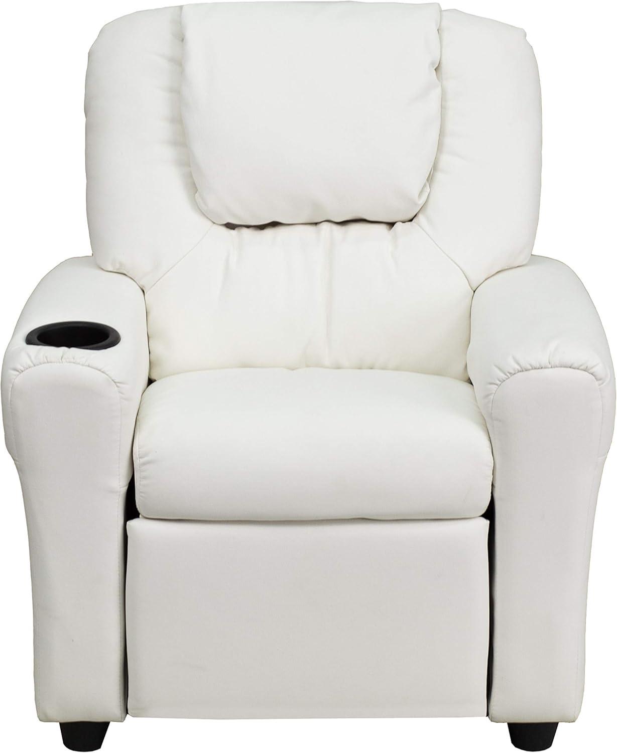 imageFlash Furniture Vana Vinyl Kids Recliner with Cup Holder Headrest and Safety Recline Contemporary Reclining Chair for Kids Supports up to 90 lbs BeigeWhite Vinyl