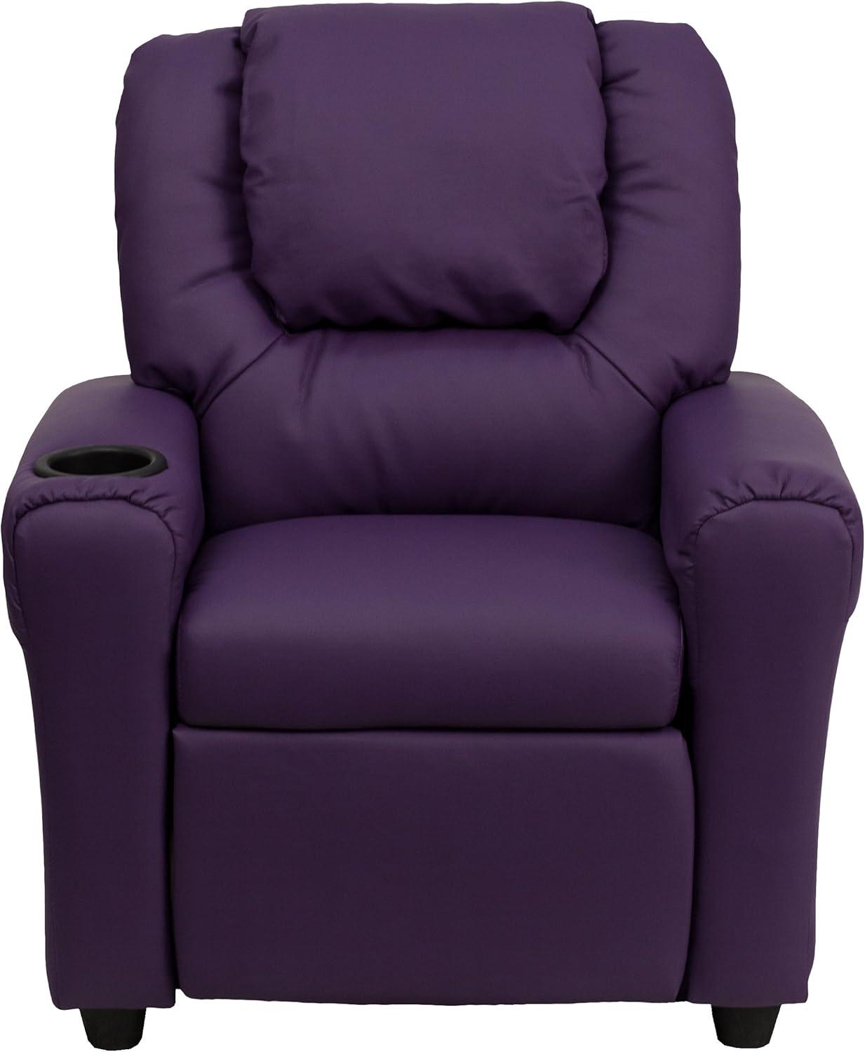 imageFlash Furniture Vana Vinyl Kids Recliner with Cup Holder Headrest and Safety Recline Contemporary Reclining Chair for Kids Supports up to 90 lbs BeigePurple Vinyl