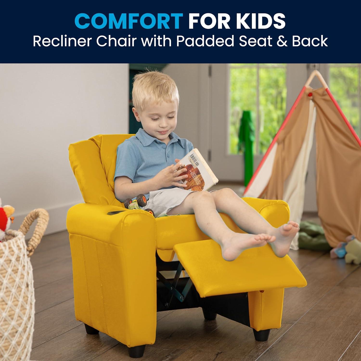 imageFlash Furniture Vana Vinyl Kids Recliner with Cup Holder Headrest and Safety Recline Contemporary Reclining Chair for Kids Supports up to 90 lbs BeigeYellow Vinyl