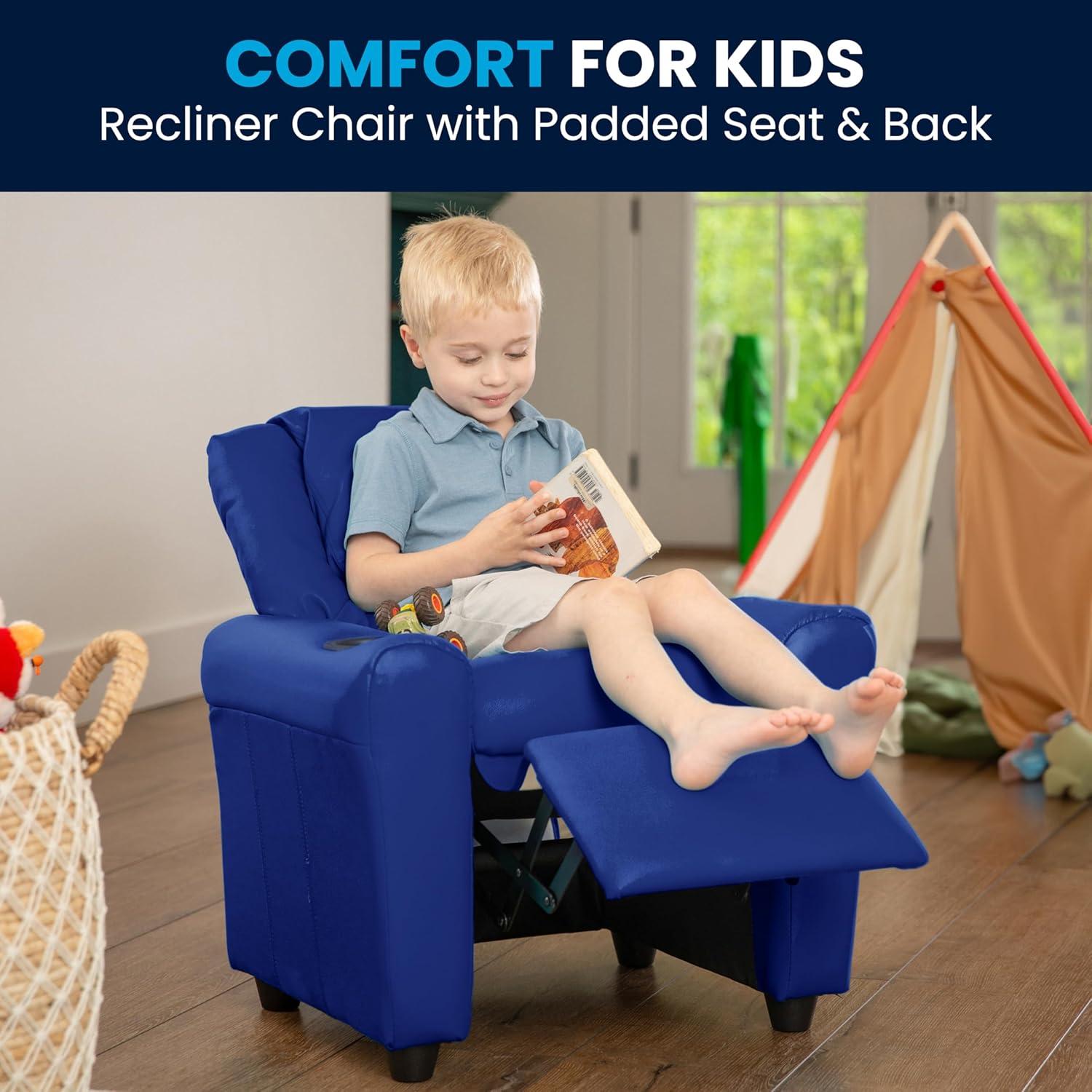 imageFlash Furniture Vana Vinyl Kids Recliner with Cup Holder Headrest and Safety Recline Contemporary Reclining Chair for Kids Supports up to 90 lbs BeigeBlue Vinyl