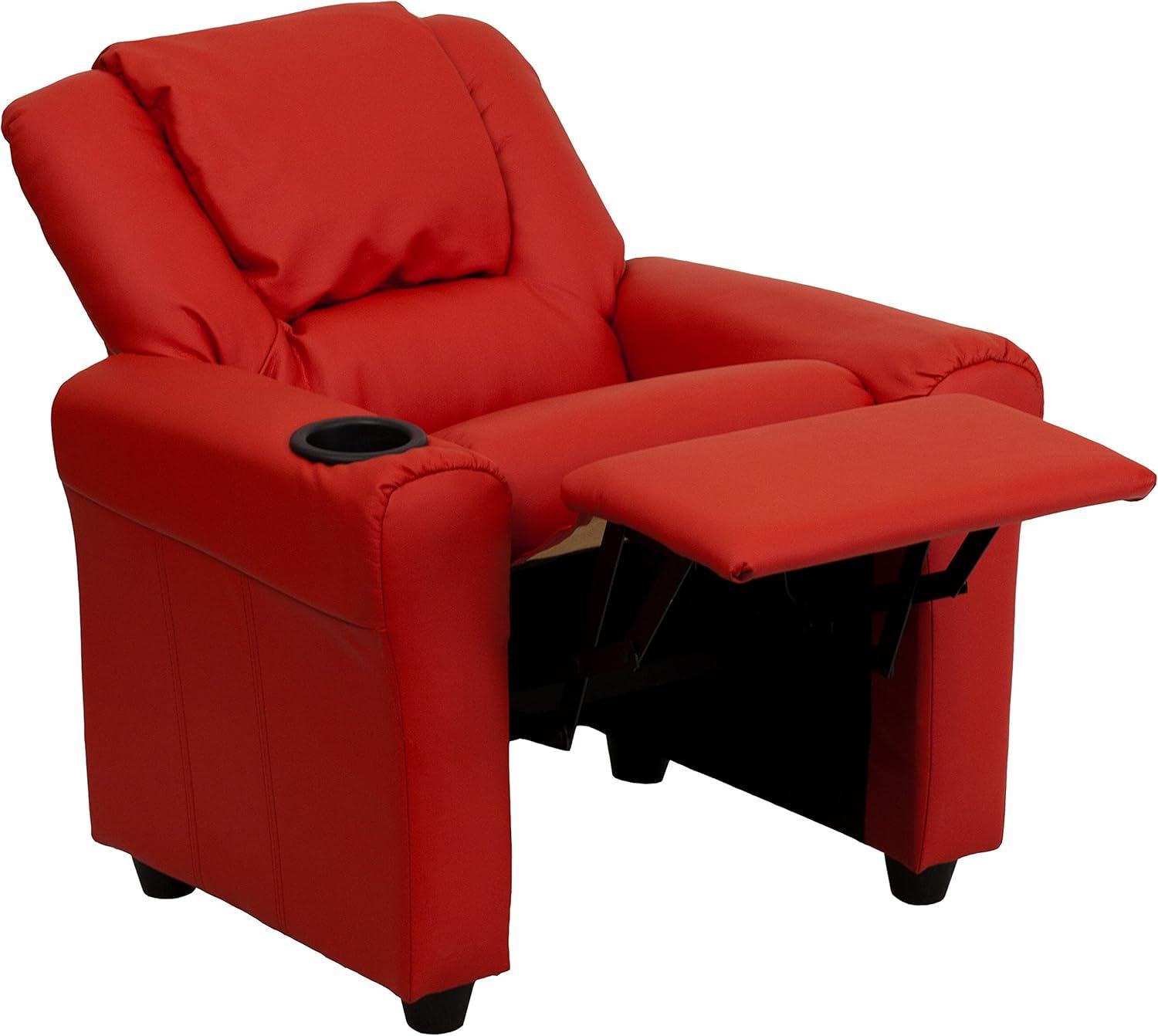 imageFlash Furniture Vana Vinyl Kids Recliner with Cup Holder Headrest and Safety Recline Contemporary Reclining Chair for Kids Supports up to 90 lbs BeigeRed Vinyl