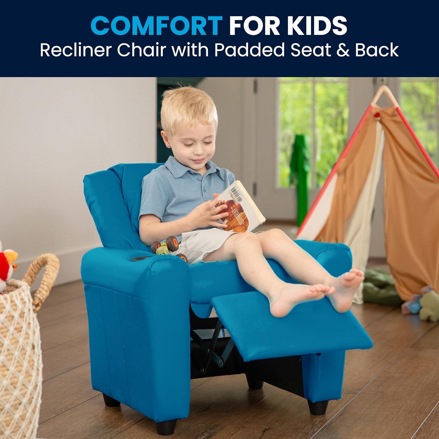 imageFlash Furniture Vana Vinyl Kids Recliner with Cup Holder Headrest and Safety Recline Contemporary Reclining Chair for Kids Supports up to 90 lbs BeigeTurquoise Vinyl