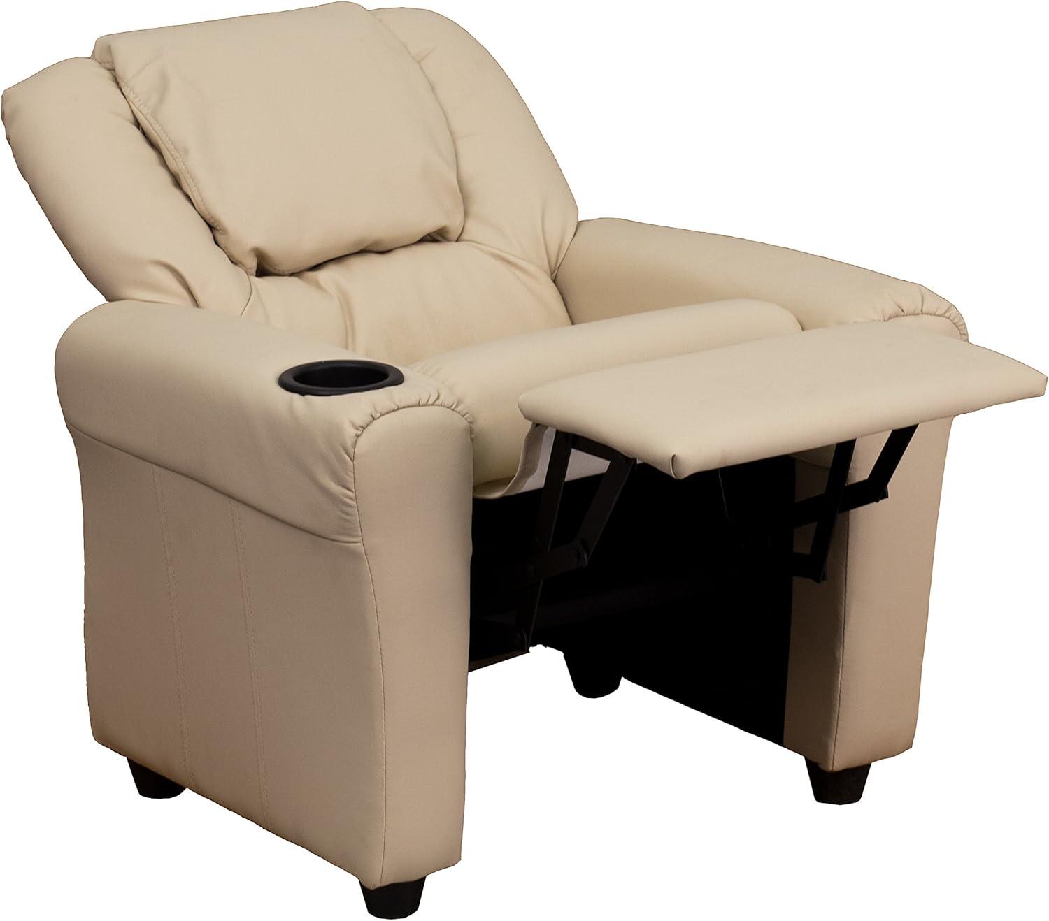 imageFlash Furniture Vana Vinyl Kids Recliner with Cup Holder Headrest and Safety Recline Contemporary Reclining Chair for Kids Supports up to 90 lbs BeigeBeige Vinyl
