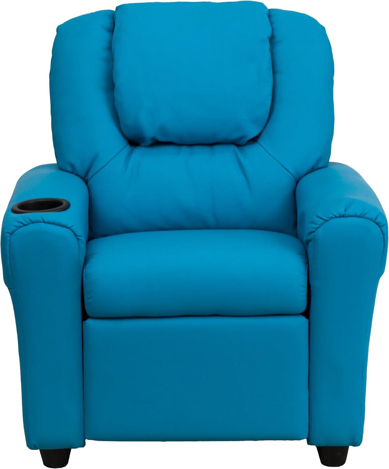 imageFlash Furniture Vana Vinyl Kids Recliner with Cup Holder Headrest and Safety Recline Contemporary Reclining Chair for Kids Supports up to 90 lbs BeigeTurquoise Vinyl