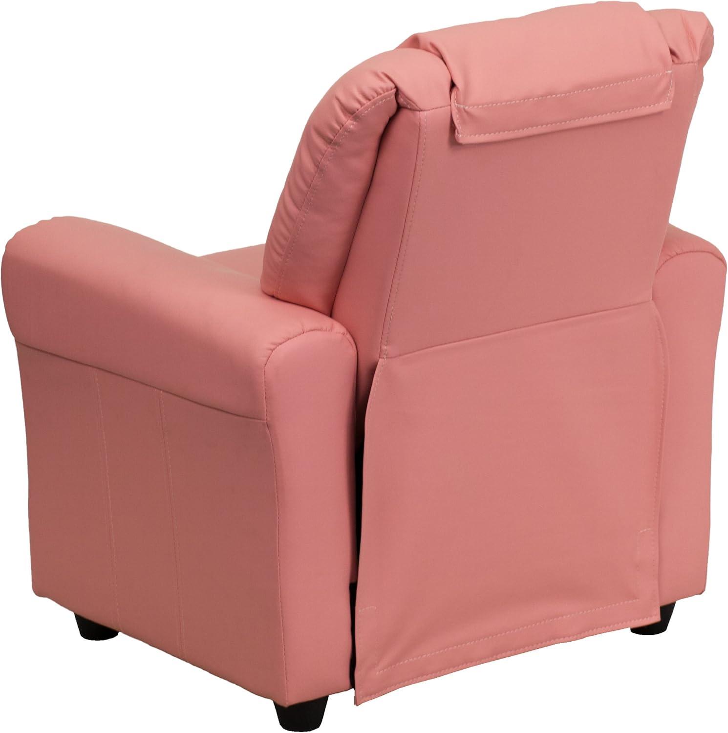 imageFlash Furniture Vana Vinyl Kids Recliner with Cup Holder Headrest and Safety Recline Contemporary Reclining Chair for Kids Supports up to 90 lbs BeigePink Vinyl