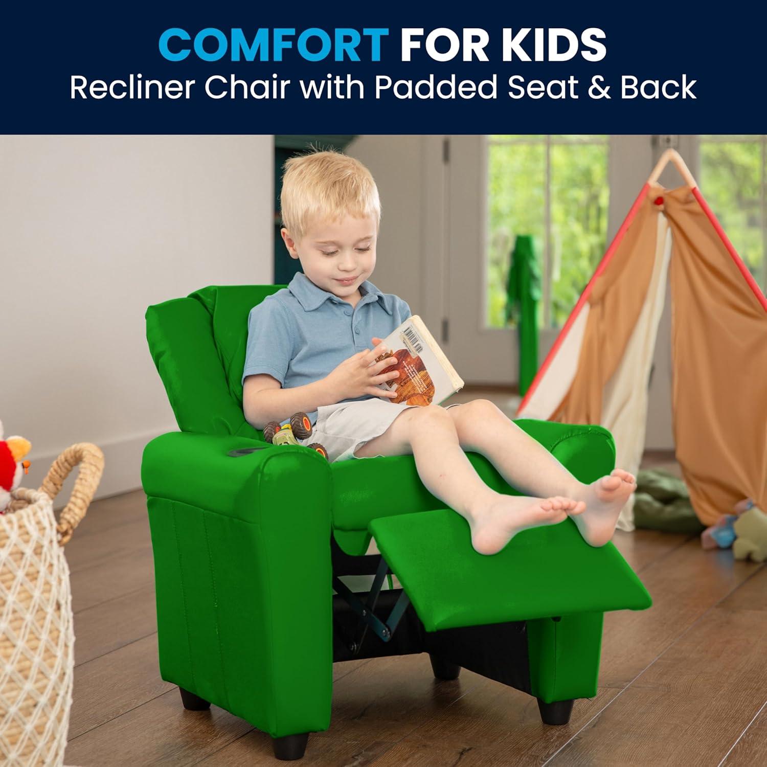 imageFlash Furniture Vana Vinyl Kids Recliner with Cup Holder Headrest and Safety Recline Contemporary Reclining Chair for Kids Supports up to 90 lbs BeigeGreen Vinyl