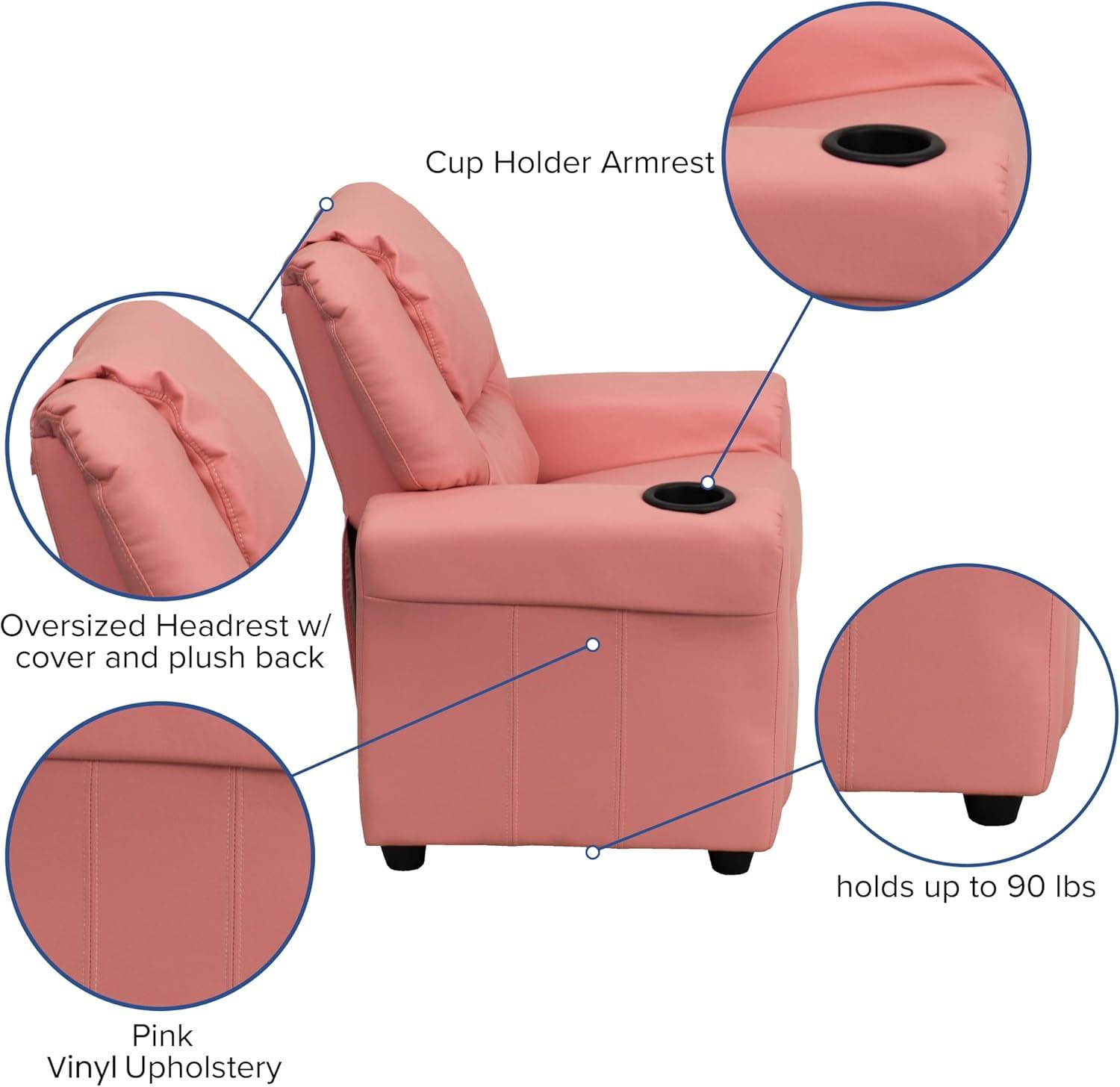 imageFlash Furniture Vana Vinyl Kids Recliner with Cup Holder Headrest and Safety Recline Contemporary Reclining Chair for Kids Supports up to 90 lbs BeigePink Vinyl