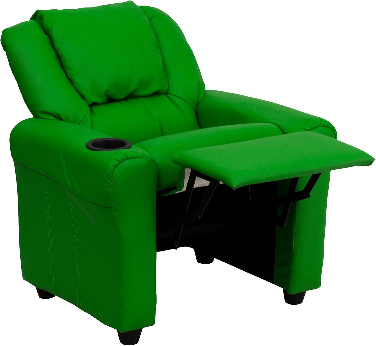 imageFlash Furniture Vana Vinyl Kids Recliner with Cup Holder Headrest and Safety Recline Contemporary Reclining Chair for Kids Supports up to 90 lbs BeigeGreen Vinyl