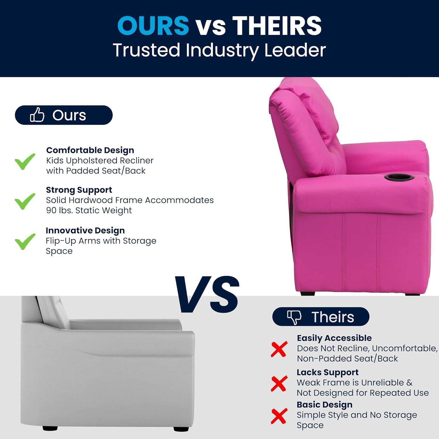 imageFlash Furniture Vana Vinyl Kids Recliner with Cup Holder Headrest and Safety Recline Contemporary Reclining Chair for Kids Supports up to 90 lbs BeigeHot Pink Vinyl