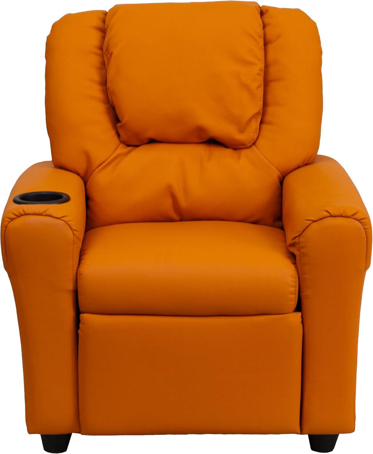 imageFlash Furniture Vana Vinyl Kids Recliner with Cup Holder Headrest and Safety Recline Contemporary Reclining Chair for Kids Supports up to 90 lbs BeigeOrange Vinyl