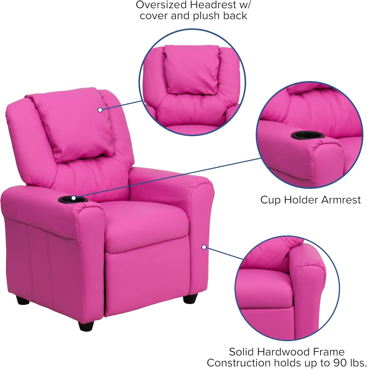 imageFlash Furniture Vana Vinyl Kids Recliner with Cup Holder Headrest and Safety Recline Contemporary Reclining Chair for Kids Supports up to 90 lbs BeigeHot Pink Vinyl