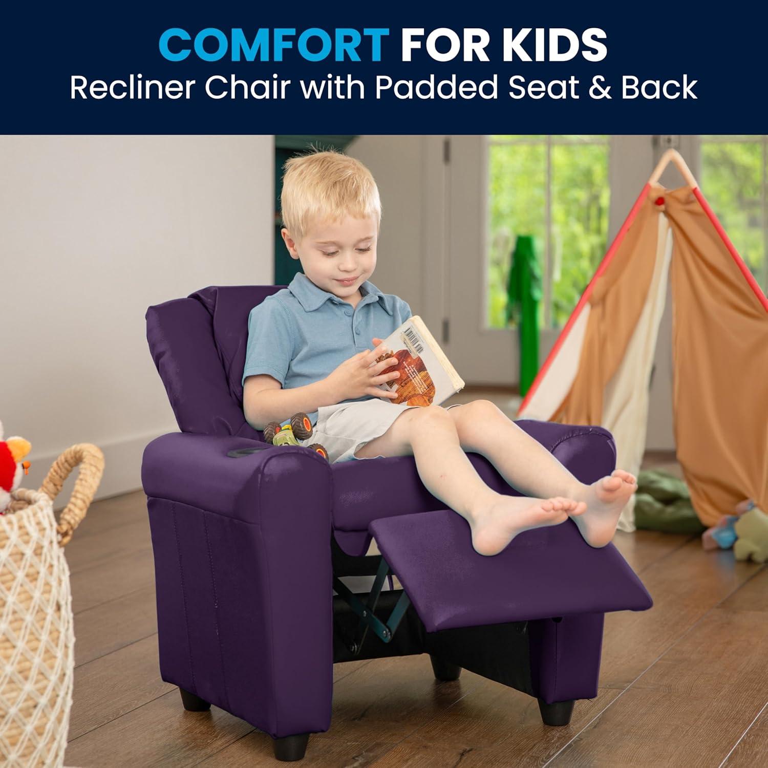 imageFlash Furniture Vana Vinyl Kids Recliner with Cup Holder Headrest and Safety Recline Contemporary Reclining Chair for Kids Supports up to 90 lbs BeigePurple Vinyl