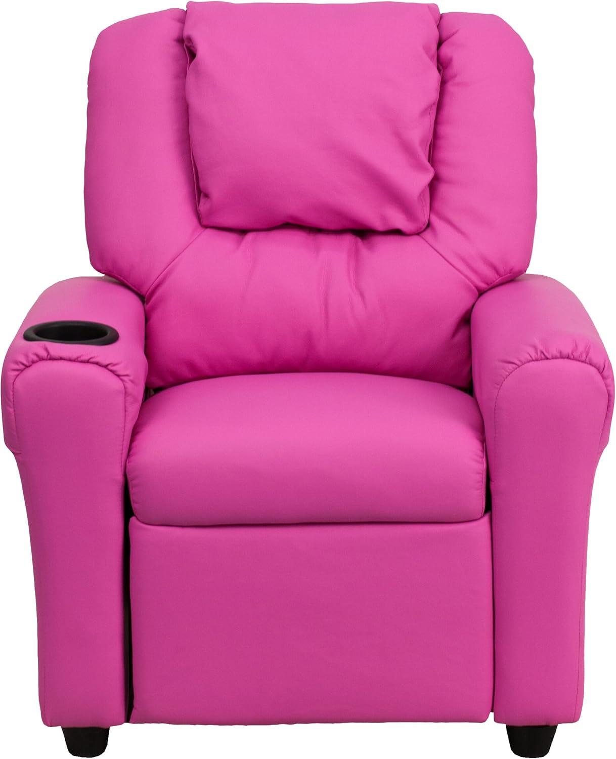 imageFlash Furniture Vana Vinyl Kids Recliner with Cup Holder Headrest and Safety Recline Contemporary Reclining Chair for Kids Supports up to 90 lbs BeigeHot Pink Vinyl