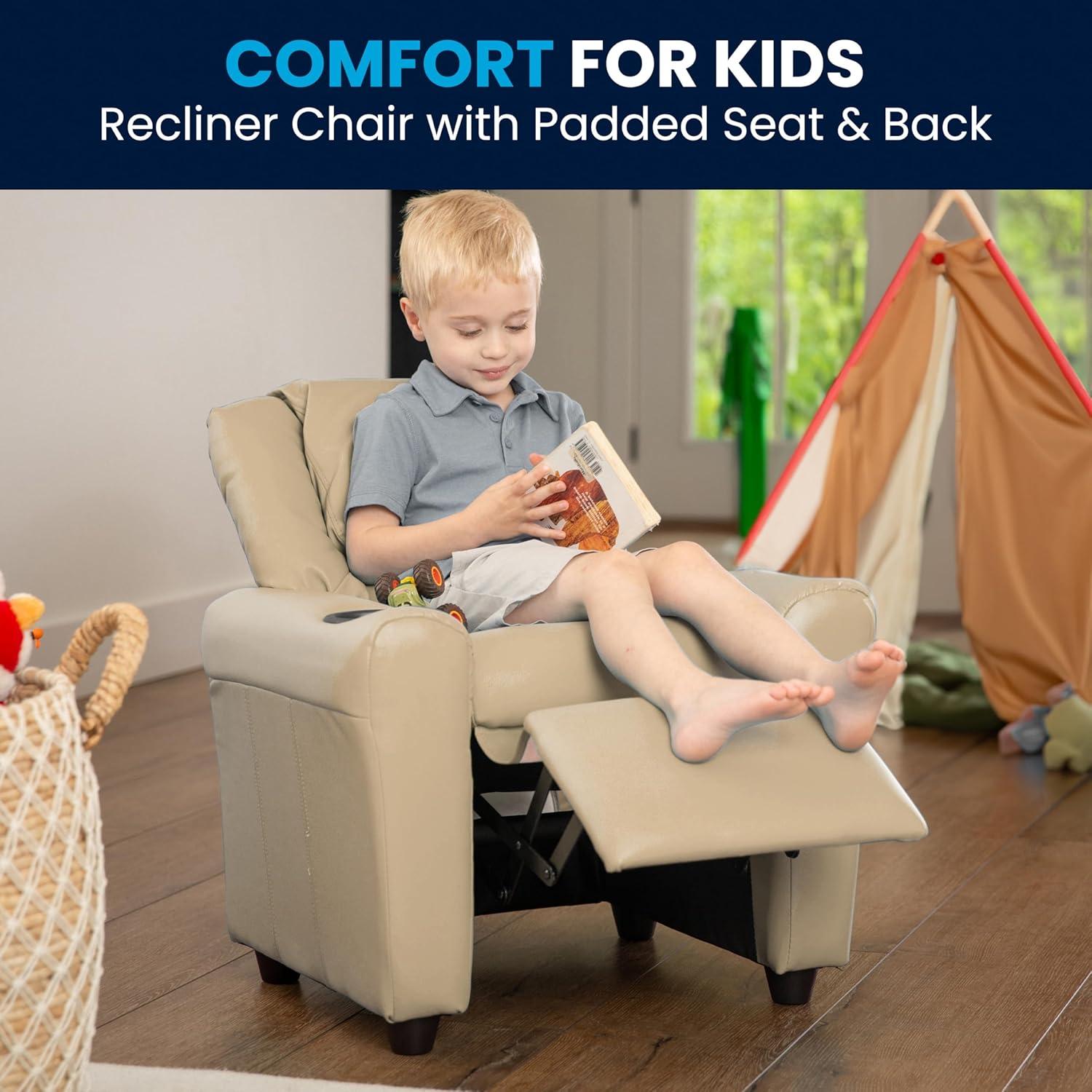 imageFlash Furniture Vana Vinyl Kids Recliner with Cup Holder Headrest and Safety Recline Contemporary Reclining Chair for Kids Supports up to 90 lbs BeigeBeige Vinyl
