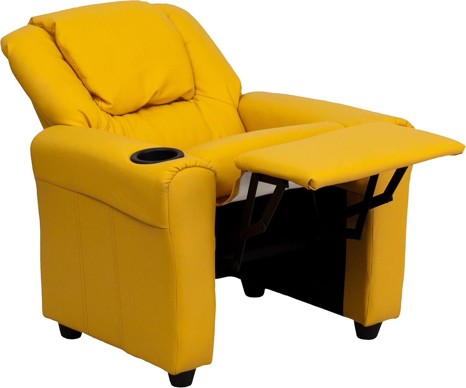 imageFlash Furniture Vana Vinyl Kids Recliner with Cup Holder Headrest and Safety Recline Contemporary Reclining Chair for Kids Supports up to 90 lbs BeigeYellow Vinyl