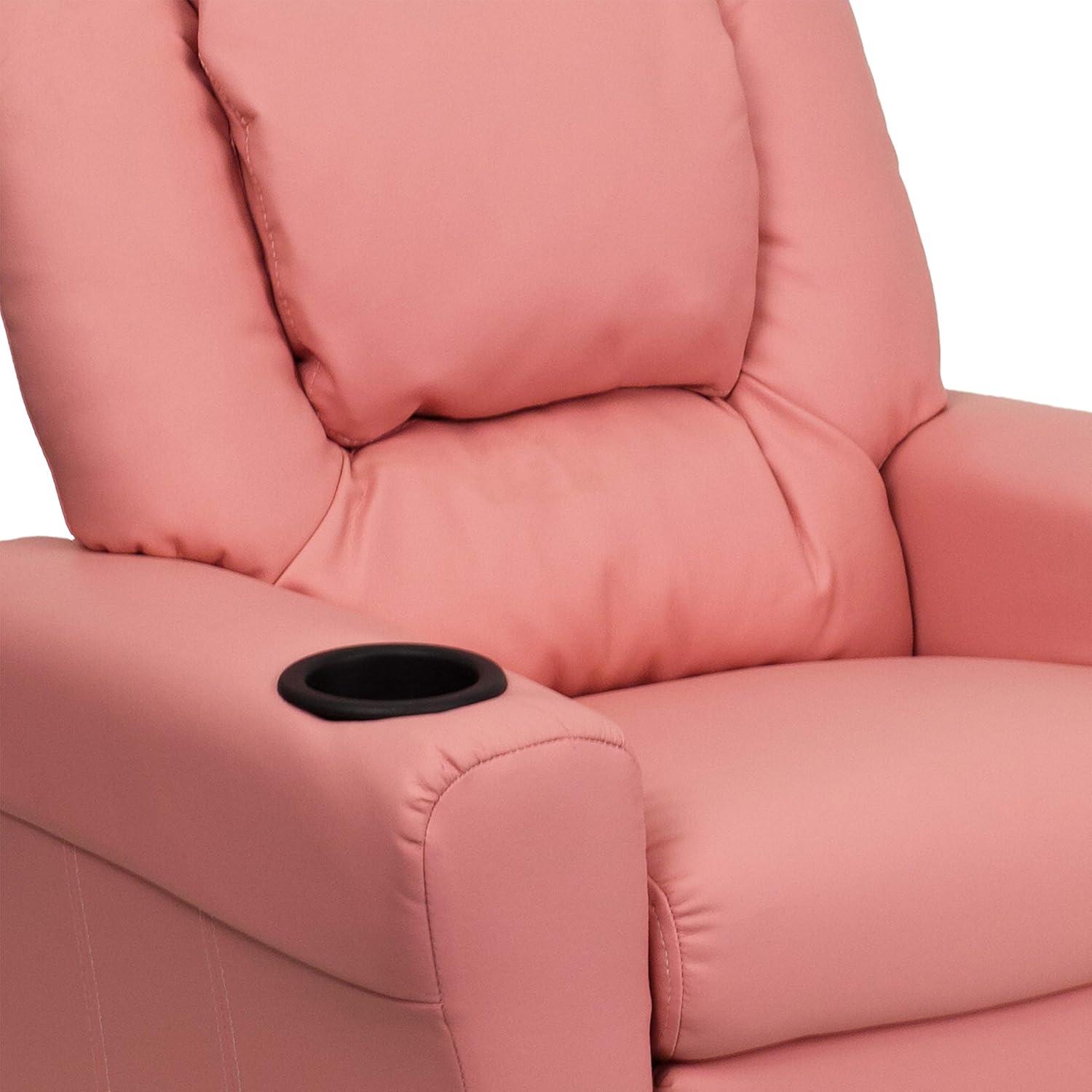 imageFlash Furniture Vana Vinyl Kids Recliner with Cup Holder Headrest and Safety Recline Contemporary Reclining Chair for Kids Supports up to 90 lbs BeigePink Vinyl