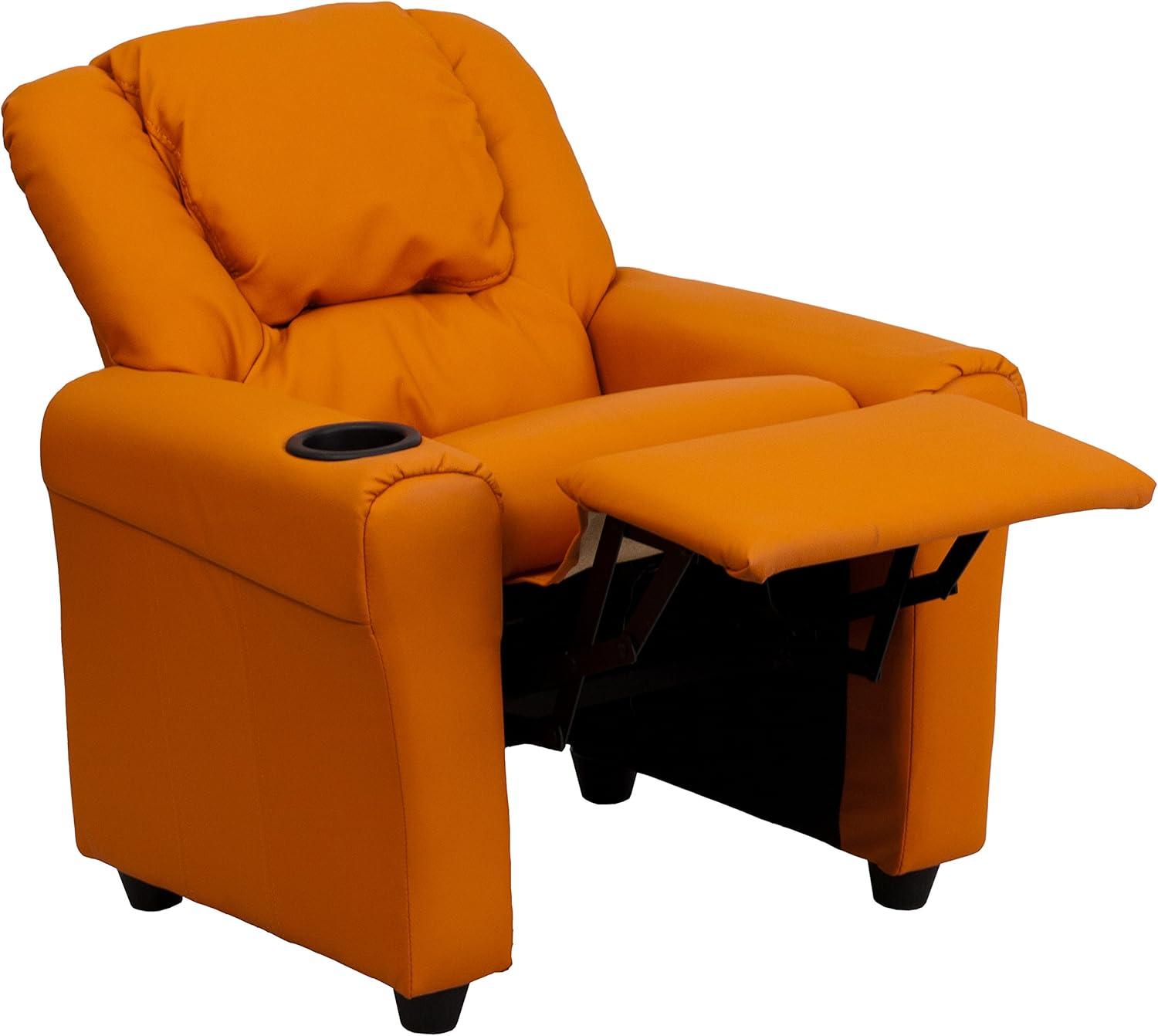 imageFlash Furniture Vana Vinyl Kids Recliner with Cup Holder Headrest and Safety Recline Contemporary Reclining Chair for Kids Supports up to 90 lbs BeigeOrange Vinyl