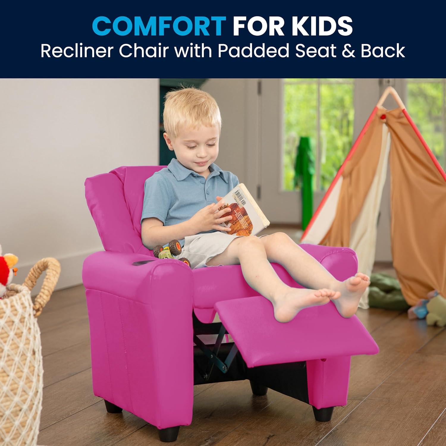 imageFlash Furniture Vana Vinyl Kids Recliner with Cup Holder Headrest and Safety Recline Contemporary Reclining Chair for Kids Supports up to 90 lbs BeigeHot Pink Vinyl