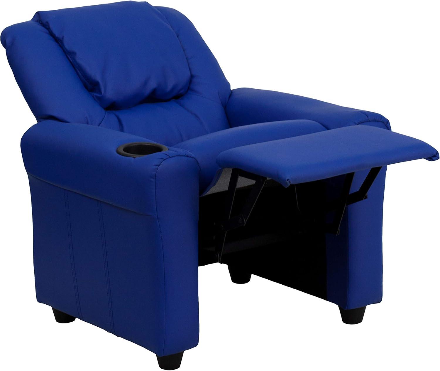 imageFlash Furniture Vana Vinyl Kids Recliner with Cup Holder Headrest and Safety Recline Contemporary Reclining Chair for Kids Supports up to 90 lbs BeigeBlue Vinyl