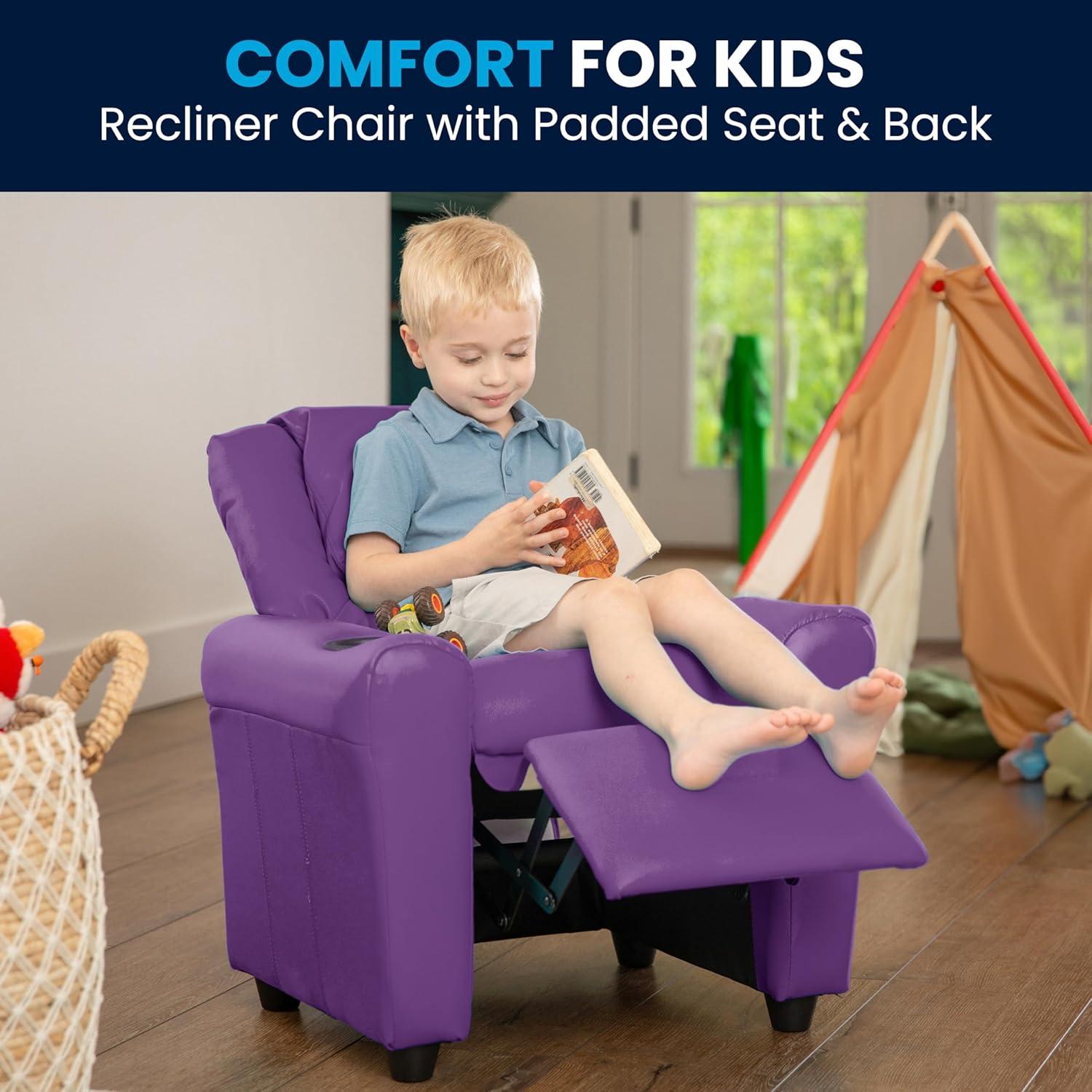 imageFlash Furniture Vana Vinyl Kids Recliner with Cup Holder Headrest and Safety Recline Contemporary Reclining Chair for Kids Supports up to 90 lbs BeigeLavender Vinyl
