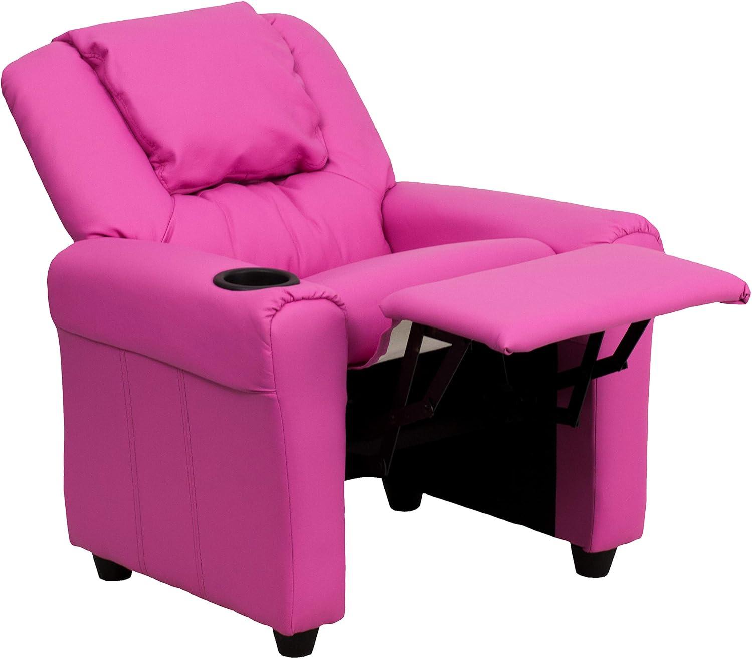 imageFlash Furniture Vana Vinyl Kids Recliner with Cup Holder Headrest and Safety Recline Contemporary Reclining Chair for Kids Supports up to 90 lbs BeigeHot Pink Vinyl