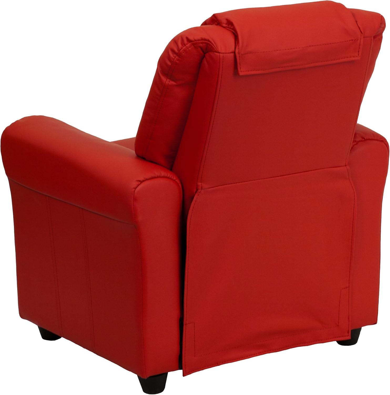 imageFlash Furniture Vana Vinyl Kids Recliner with Cup Holder Headrest and Safety Recline Contemporary Reclining Chair for Kids Supports up to 90 lbs BeigeRed Vinyl