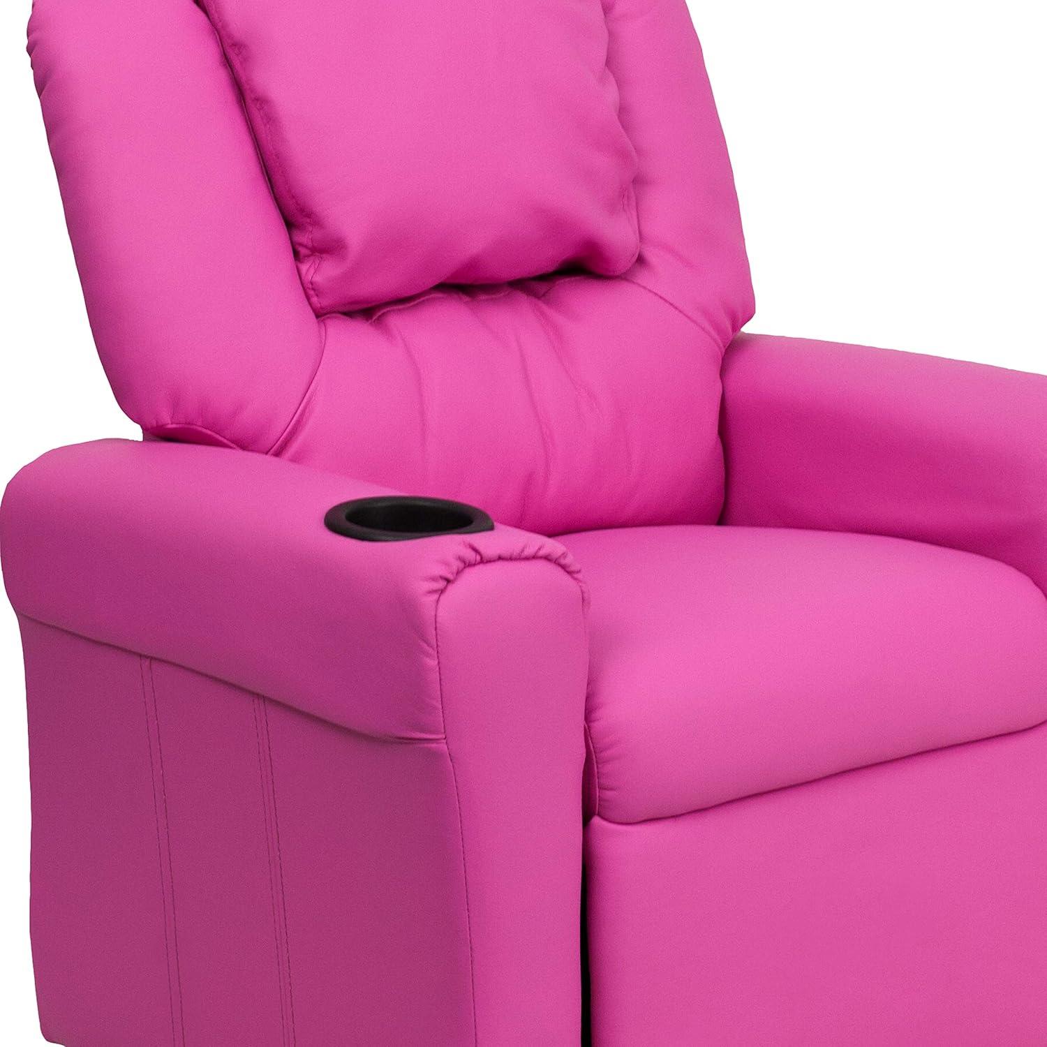 imageFlash Furniture Vana Vinyl Kids Recliner with Cup Holder Headrest and Safety Recline Contemporary Reclining Chair for Kids Supports up to 90 lbs BeigeHot Pink Vinyl