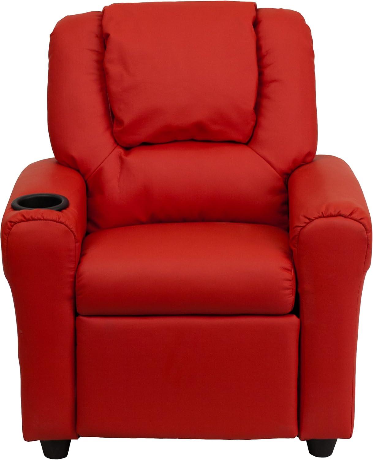 imageFlash Furniture Vana Vinyl Kids Recliner with Cup Holder Headrest and Safety Recline Contemporary Reclining Chair for Kids Supports up to 90 lbs BeigeRed Vinyl