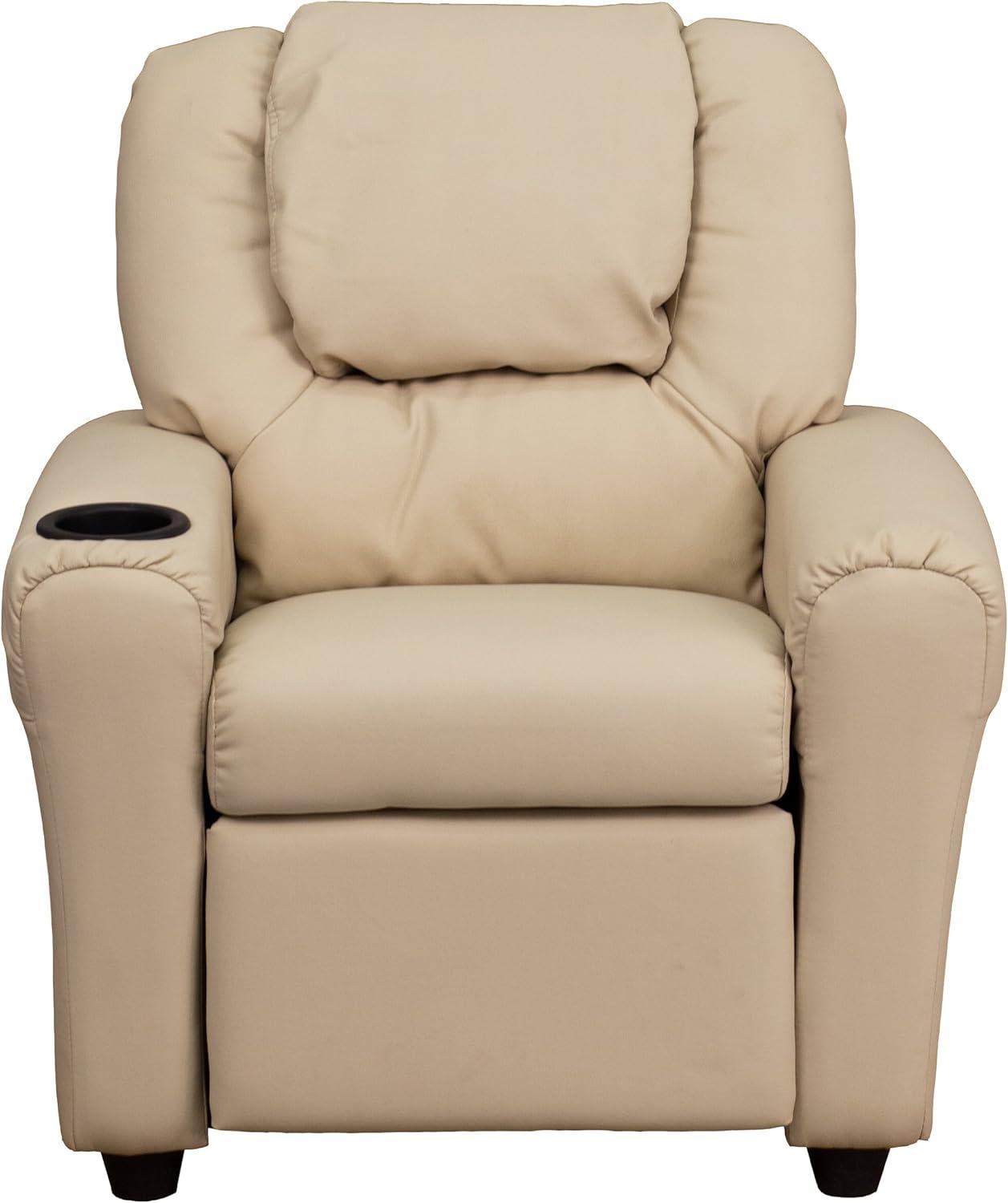 imageFlash Furniture Vana Vinyl Kids Recliner with Cup Holder Headrest and Safety Recline Contemporary Reclining Chair for Kids Supports up to 90 lbs BeigeBeige Vinyl