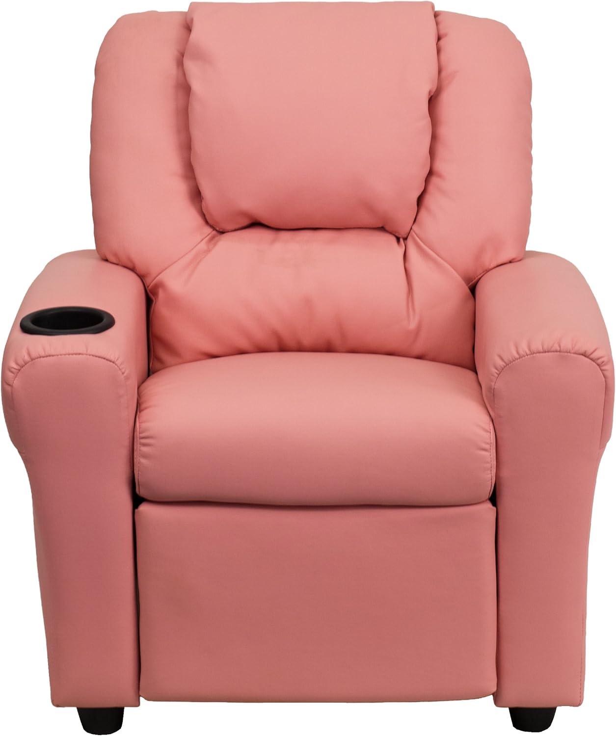 imageFlash Furniture Vana Vinyl Kids Recliner with Cup Holder Headrest and Safety Recline Contemporary Reclining Chair for Kids Supports up to 90 lbs BeigePink Vinyl