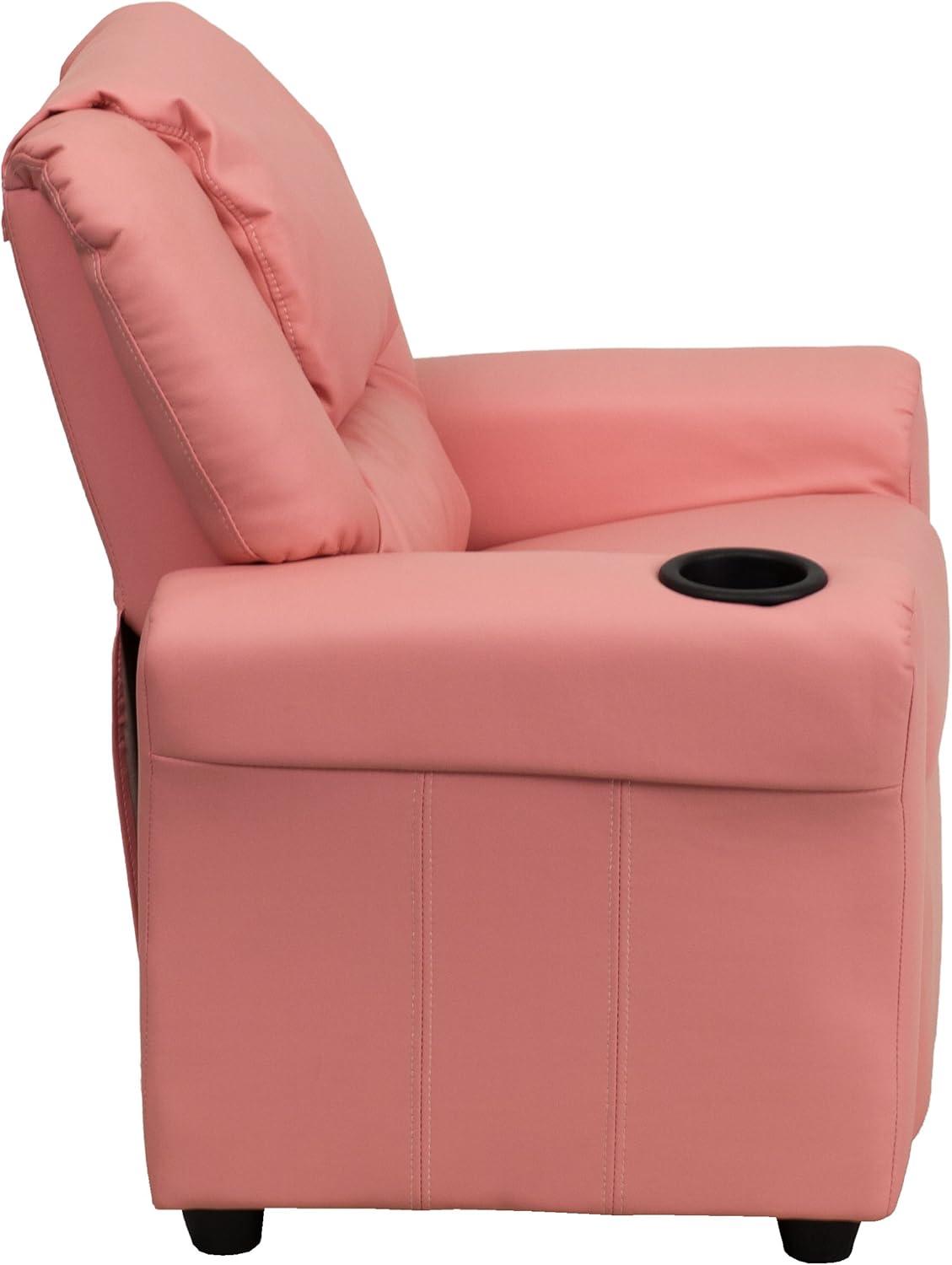 imageFlash Furniture Vana Vinyl Kids Recliner with Cup Holder Headrest and Safety Recline Contemporary Reclining Chair for Kids Supports up to 90 lbs BeigePink Vinyl
