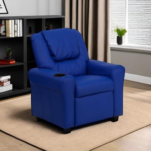 imageFlash Furniture Vana Vinyl Kids Recliner with Cup Holder Headrest and Safety Recline Contemporary Reclining Chair for Kids Supports up to 90 lbs BeigeBlue Vinyl